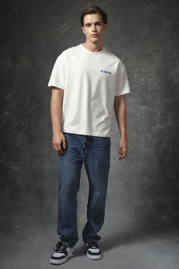 Ekru Pamuklu Kalın Yumuşak Dokulu Oversize Fit Baskılı Erkek T-Shirt - 88375 - 3