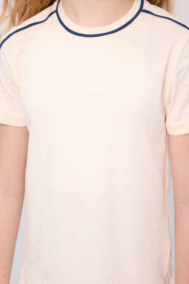 Ekru Pamuklu O Yaka Standart Fit Basic Kız Çocuk T-Shirt - 75177 - 3