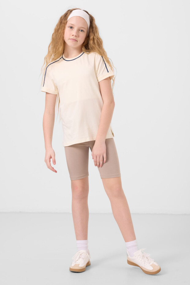 Ekru Pamuklu O Yaka Standart Fit Basic Kız Çocuk T-Shirt - 75177 - 2