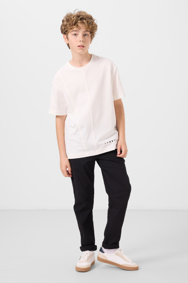 Ekru Pamuklu Yumuşak Dokulu Oversize Basic Erkek Çocuk T-Shirt - 11297 - 4