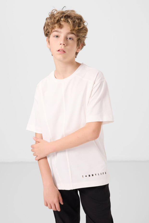 Ekru Pamuklu Yumuşak Dokulu Oversize Basic Erkek Çocuk T-Shirt - 11297 - 5