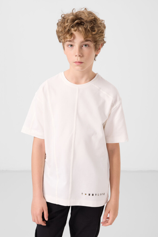 Ekru Pamuklu Yumuşak Dokulu Oversize Basic Erkek Çocuk T-Shirt - 11297 - 3