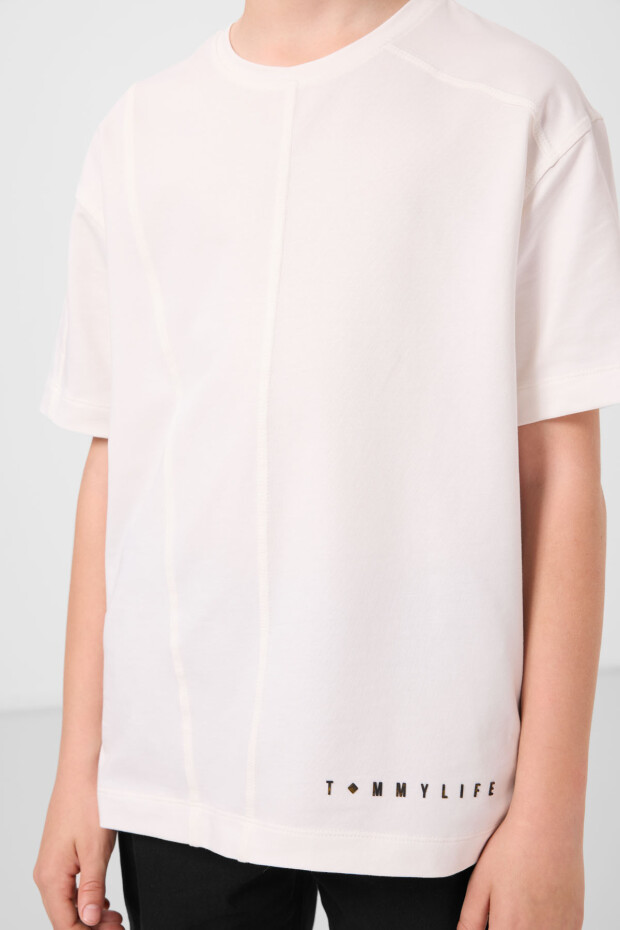 Ekru Pamuklu Yumuşak Dokulu Oversize Basic Erkek Çocuk T-Shirt - 11297 - 6