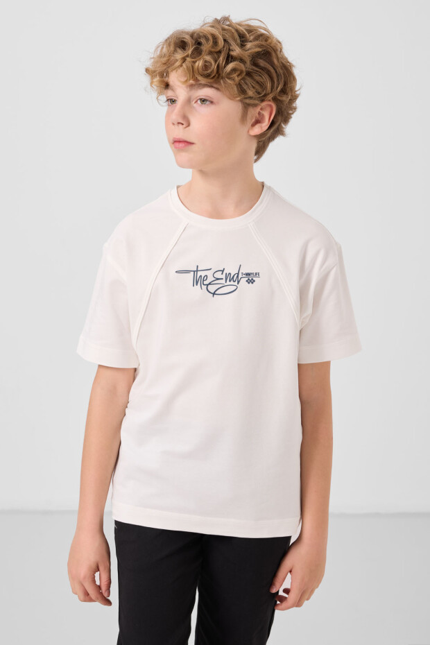 Ekru Pamuklu Yumuşak Dokulu Oversize Baskılı Erkek Çocuk T-Shirt - 11285 - 3