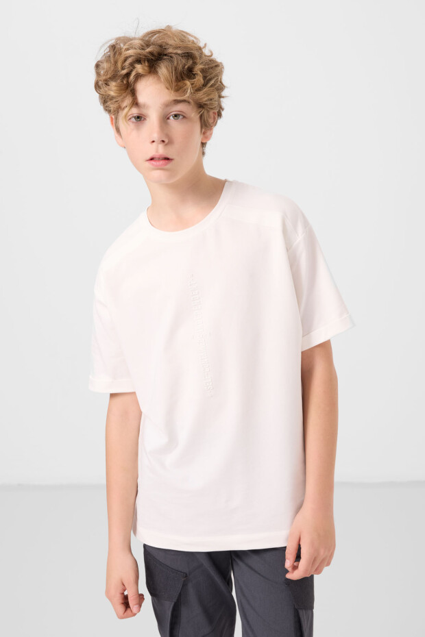 Ekru Pamuklu Yumuşak Dokulu Oversize Baskılı Erkek Çocuk T-Shirt - 11301 - 1