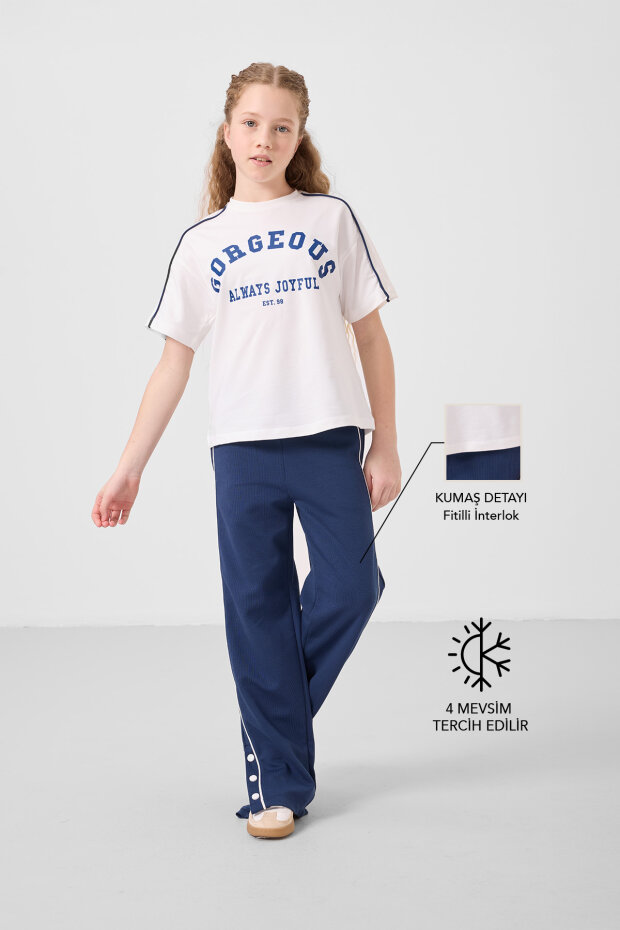 Ekru-Parlament O Yaka Baskılı Geniş Paça Çıt Çıt Detaylı Kız Çocuk Palazzo Eşofman Takım - 75172 - 1