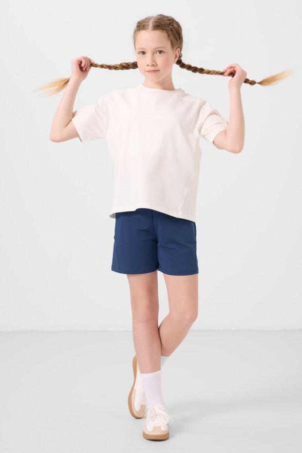 Ekru-Parlament Pamuklu Yumuşak Dokulu Standart Fit Basic Kız Çocuk Şort Takım - 75184 - 4