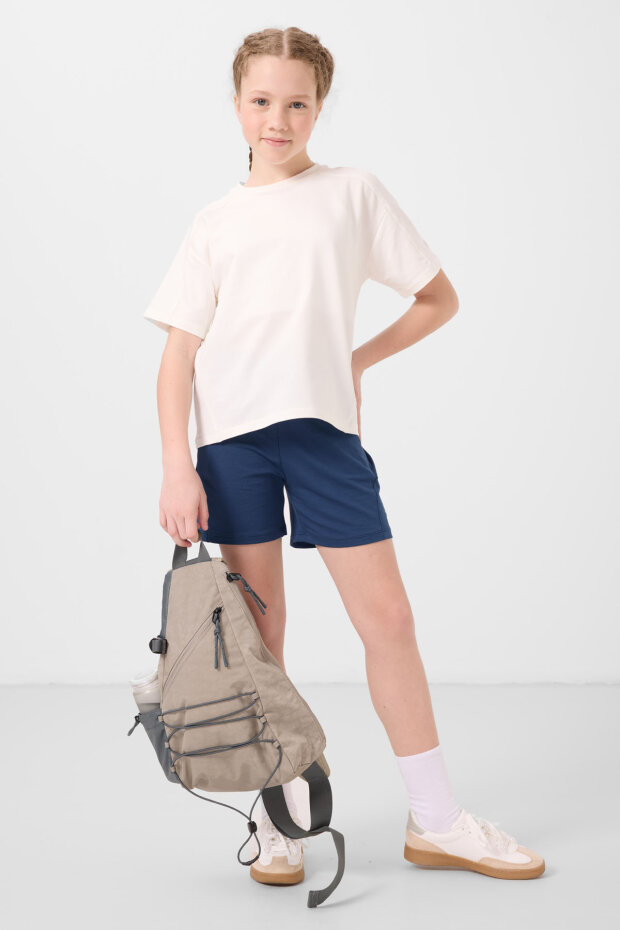 Ekru-Parlament Pamuklu Yumuşak Dokulu Standart Fit Basic Kız Çocuk Şort Takım - 75184 - 1