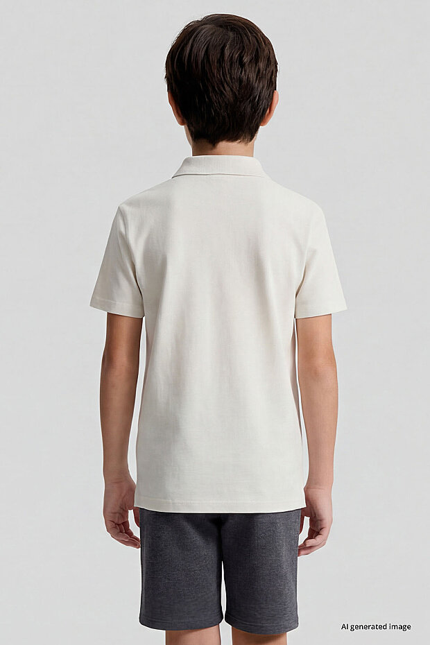 Ekru Polo Yaka Standart Fit Basic Unisex Çocuk T-Shirt - 11330 - 10