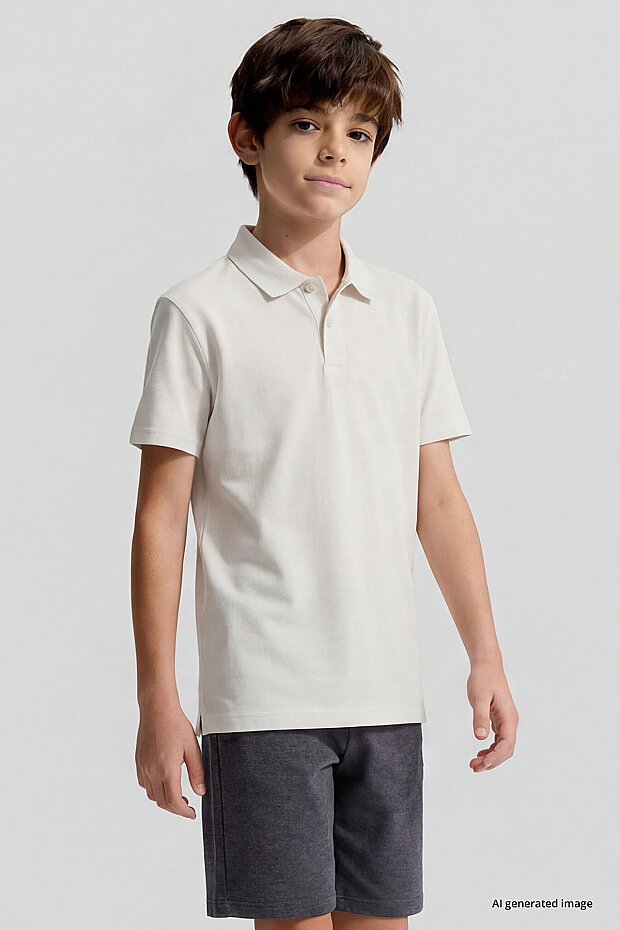 Ekru Polo Yaka Standart Fit Basic Unisex Çocuk T-Shirt - 11330 - 3