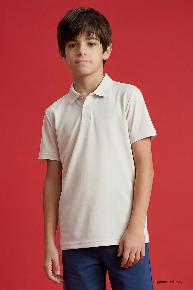 Ekru Polo Yaka Standart Fit Basic Unisex Çocuk T-Shirt - 11330 - 8