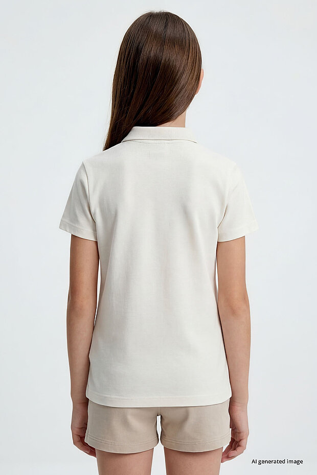 Ekru Polo Yaka Standart Fit Basic Unisex Çocuk T-Shirt - 11330 - 9