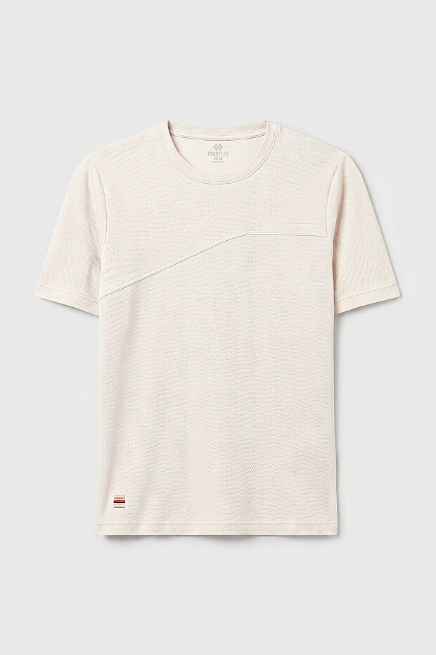 Ekru Rahat Form Yüzeyi Dokulu Ön Dikiş Detaylı Erkek T-Shirt - 88437 - 1