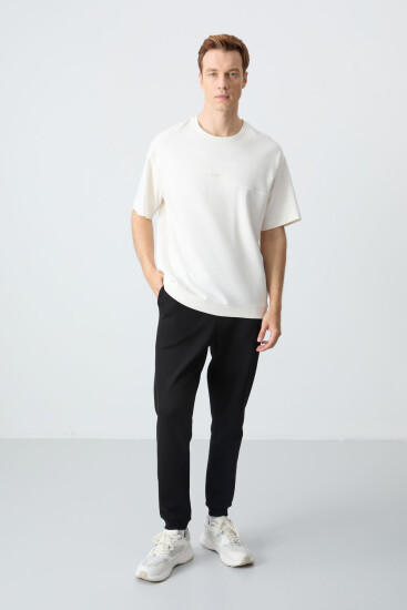 Ekru Siyah Pamuklu Kalın Yumuşak Dokulu Oversize Fit Basic Erkek Eşofman Takım - 85261 