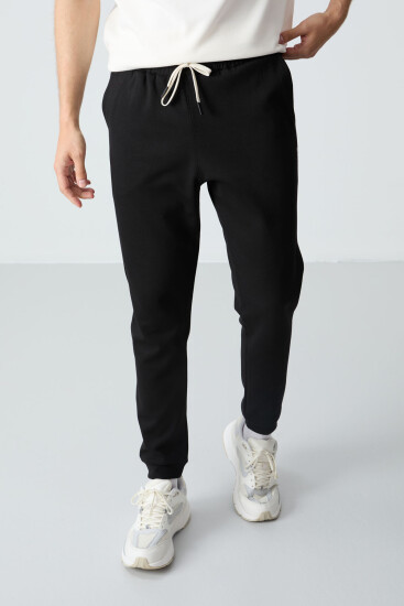 Ekru Siyah Pamuklu Kalın Yumuşak Dokulu Oversize Fit Basic Erkek Eşofman Takım - 85261 - Air Jones (1)