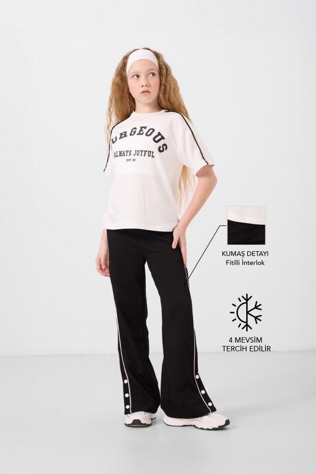 Ekru-Siyah O Yaka Baskılı Geniş Paça Çıt Çıt Detaylı Kız Çocuk Palazzo Eşofman Takım - 75172 - 1