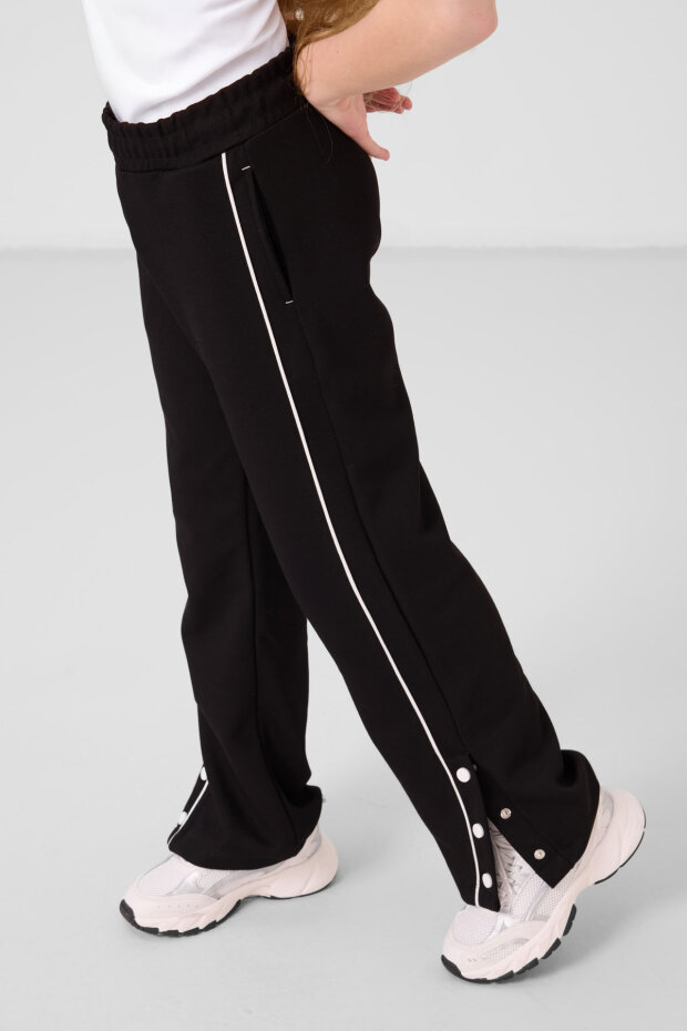 Ekru-Siyah O Yaka Baskılı Geniş Paça Çıt Çıt Detaylı Kız Çocuk Palazzo Eşofman Takım - 75172 - 6