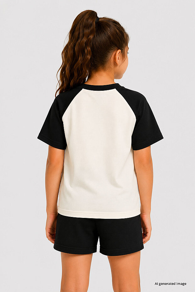 Ekru-Siyah Standart Fit Reglan Kollu Kız Çocuk T-Shirt - 75180 - 2