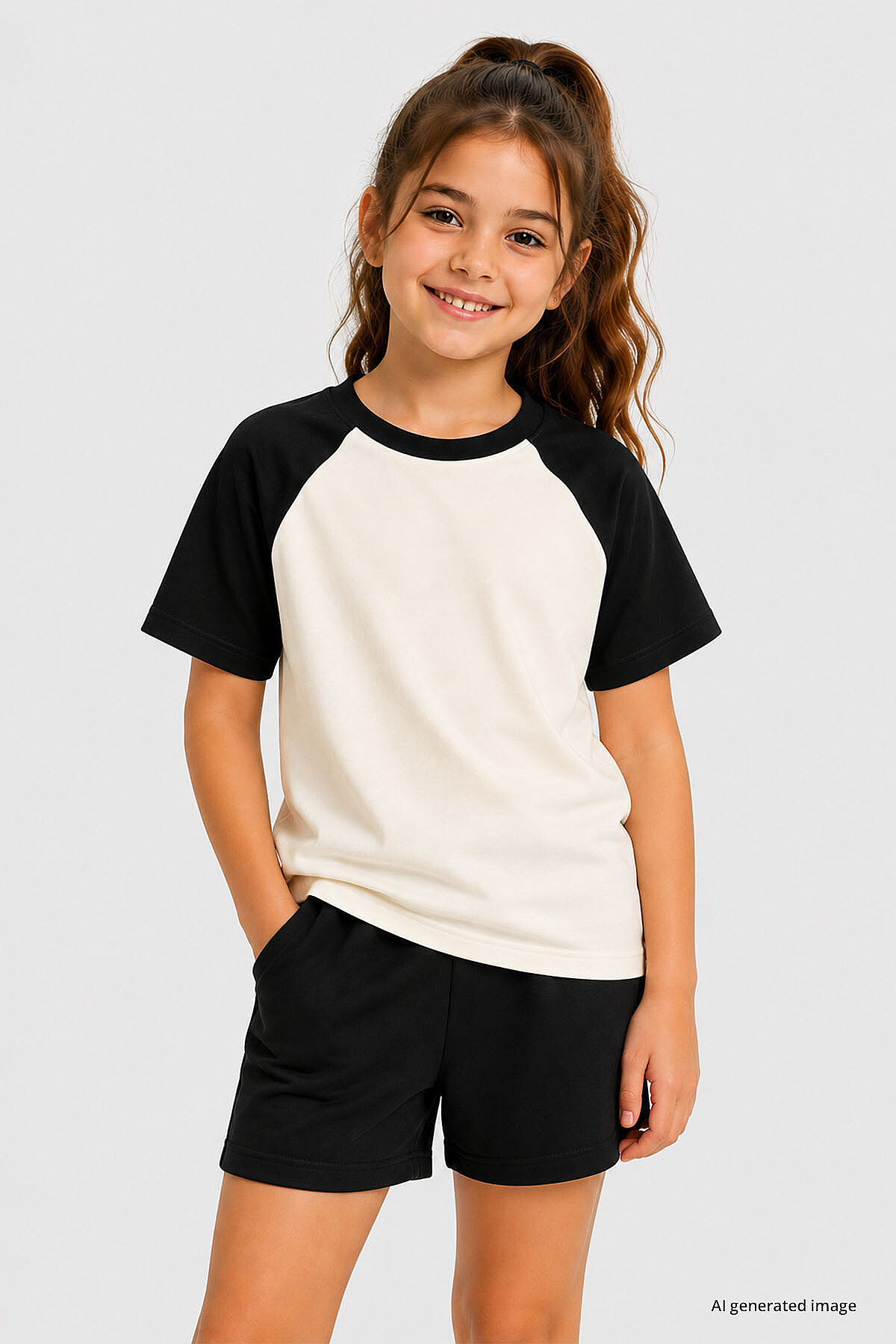 Ekru-Siyah Standart Fit Reglan Kollu Kız Çocuk T-Shirt - 75180 - TOMMYLIFE