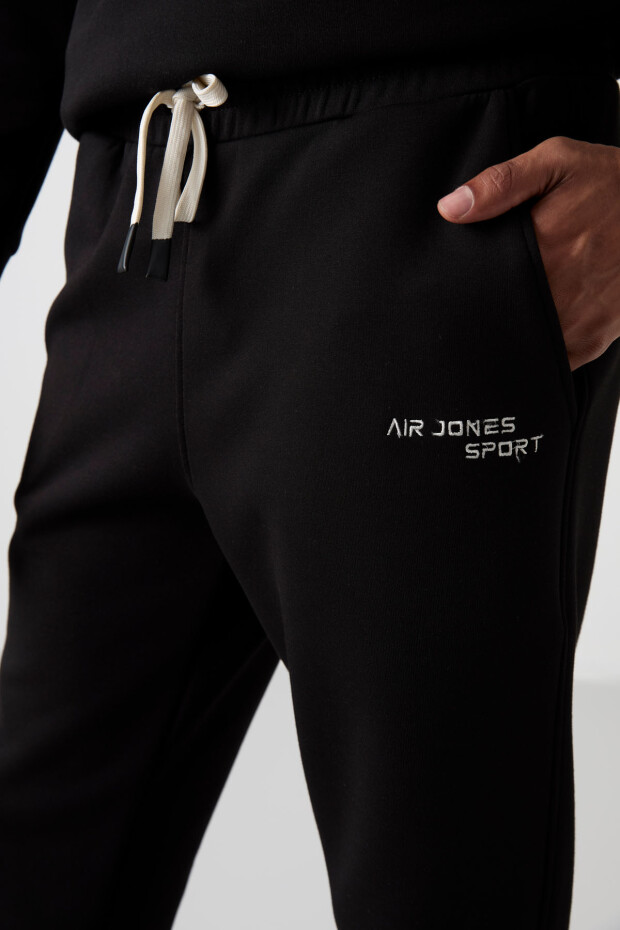 Ekru - Siyah Pamuklu Kalın Yumuşak Dokulu Comfort Fit Nakışlı Erkek Eşofman Takım - 85254 - 4