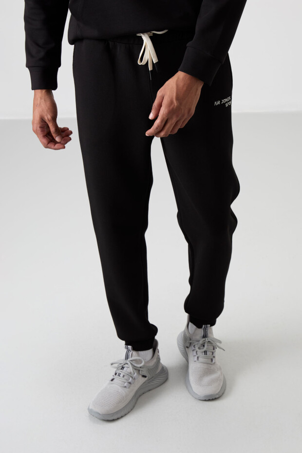 Ekru - Siyah Pamuklu Kalın Yumuşak Dokulu Comfort Fit Nakışlı Erkek Eşofman Takım - 85255 - 8