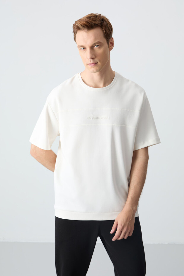 Ekru Siyah Pamuklu Kalın Yumuşak Dokulu Oversize Fit Basic Erkek Eşofman Takım - 85261 - 3