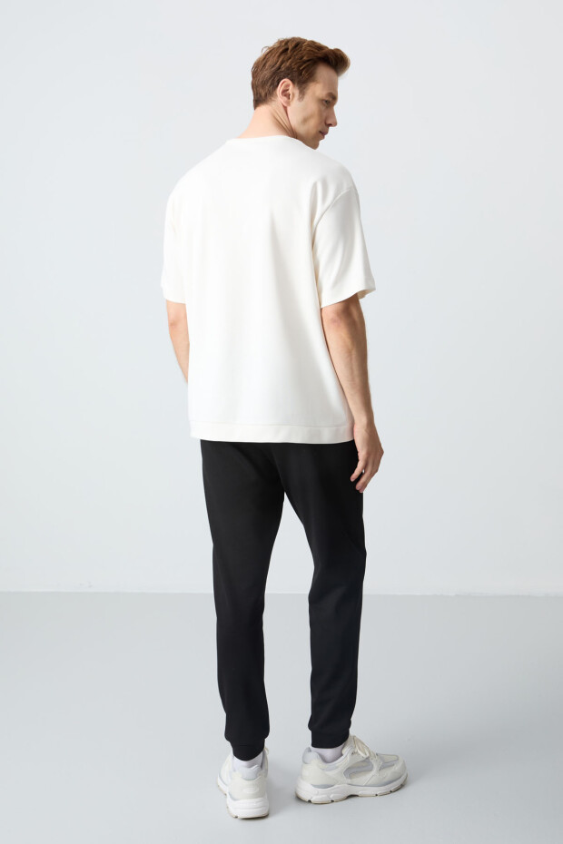 Ekru Siyah Pamuklu Kalın Yumuşak Dokulu Oversize Fit Basic Erkek Eşofman Takım - 85261 - 8