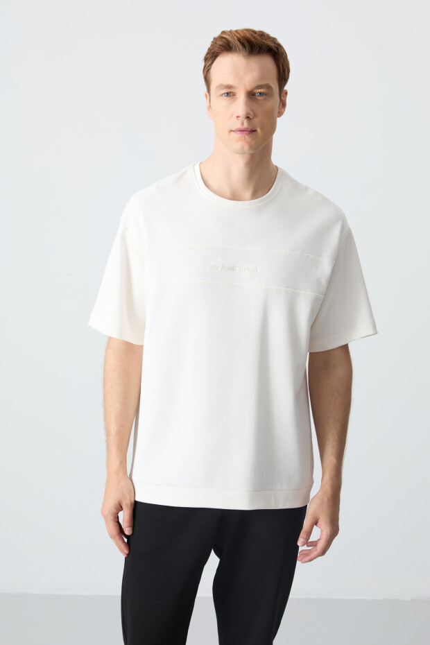 Ekru Siyah Pamuklu Kalın Yumuşak Dokulu Oversize Fit Basic Erkek Eşofman Takım - 85261 - 7