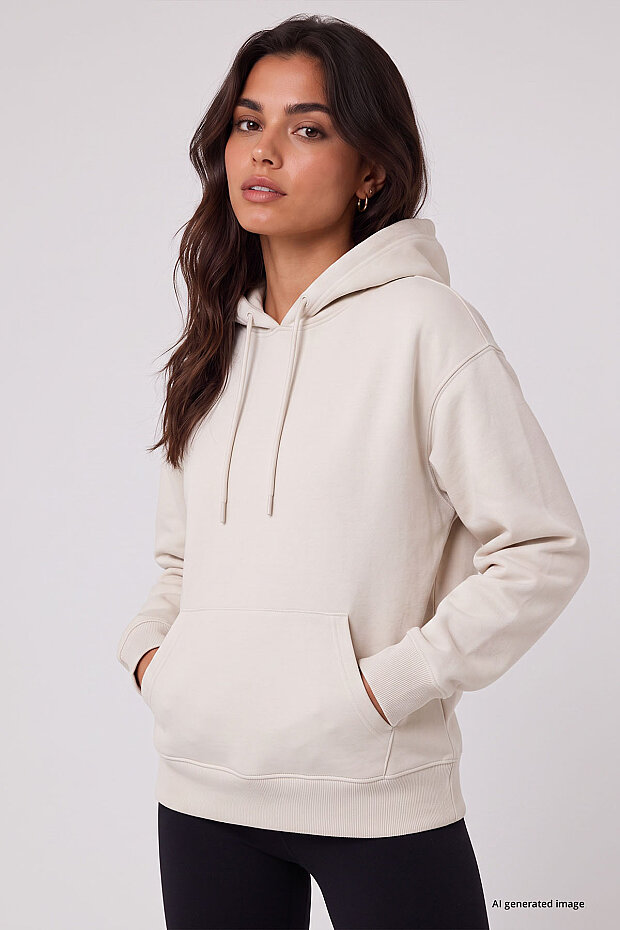 Ekru Standart Kapüşonlu Kanguru Cepli Basic Kadın Sweatshirt - 97321 - 3