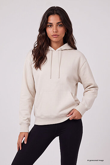 Ekru Standart Kapüşonlu Kanguru Cepli Basic Kadın Sweatshirt - 97321 