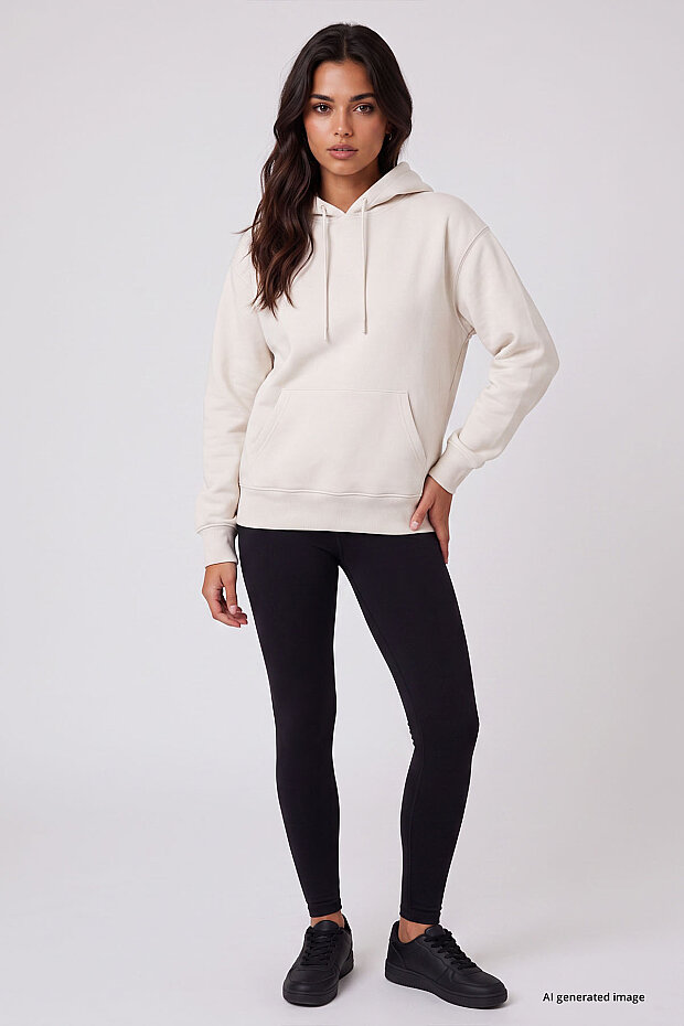 Ekru Standart Kapüşonlu Kanguru Cepli Basic Kadın Sweatshirt - 97321 - 4