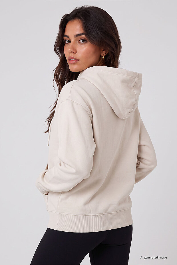 Ekru Standart Kapüşonlu Kanguru Cepli Basic Kadın Sweatshirt - 97321 - 5
