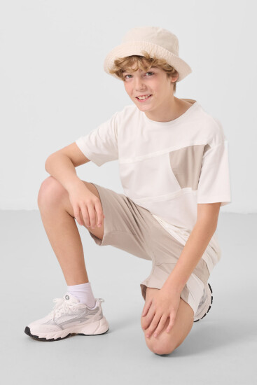 Ekru-Taş Pamuklu Oversize Fit Dokuma Hafif Esnek Chino Erkek Çocuk Şort Takım - 11275 - Thumbnail