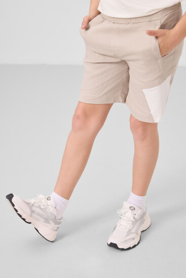 Ekru-Taş Pamuklu Oversize Fit Dokuma Hafif Esnek Chino Erkek Çocuk Şort Takım - 11275 - Thumbnail