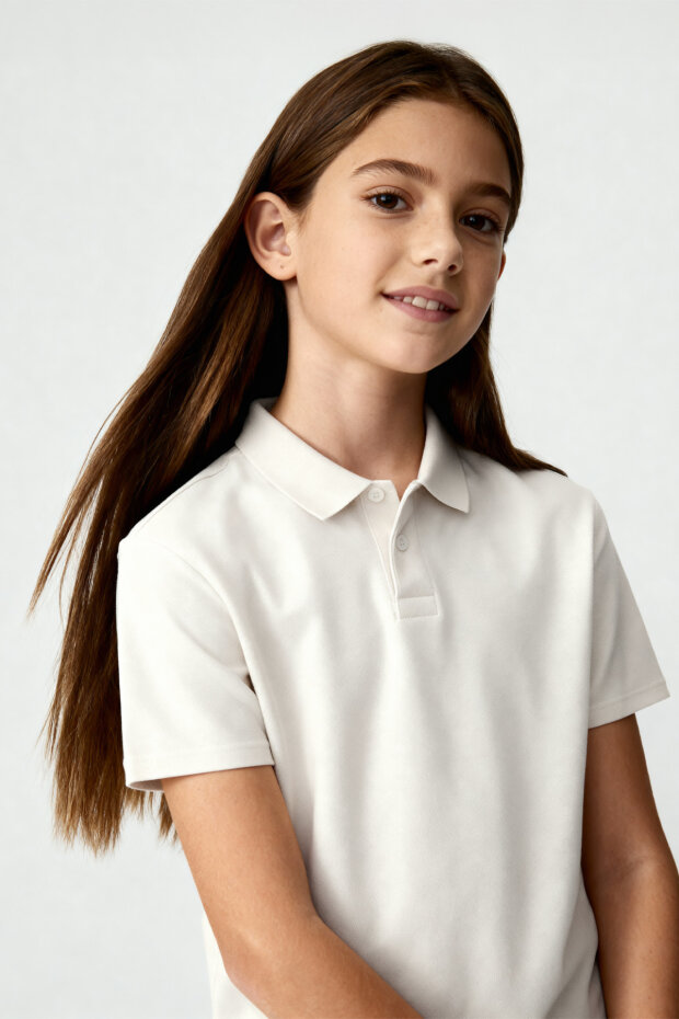 Ekru Polo Yaka Standart Fit Basic Unisex Çocuk T-Shirt - 11330 - 3