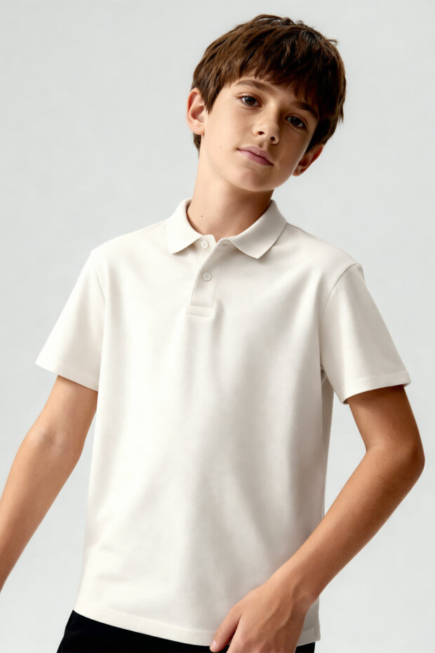 Ekru Polo Yaka Standart Fit Basic Unisex Çocuk T-Shirt - 11330 - 2