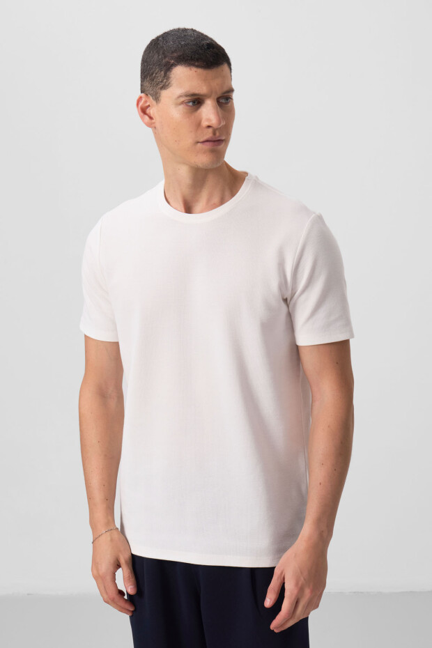 Ekru Yüzeyi Dokulu Rahat Form Basic Erkek T-Shirt - 88436 - 4