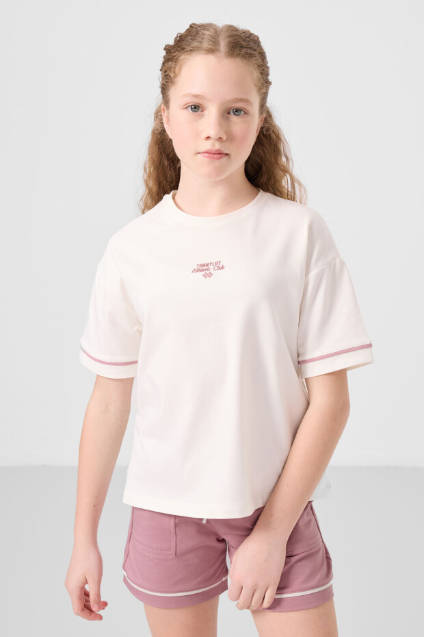 Ekru-Gül Kurusu Pamuklu Yumuşak Dokulu Standart Fit Basic Kız Çocuk Şort Takım - 75183 - 3