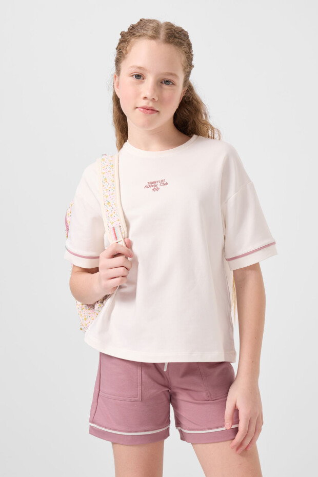 Ekru-Gül Kurusu Pamuklu Yumuşak Dokulu Standart Fit Basic Kız Çocuk Şort Takım - 75183 - 6