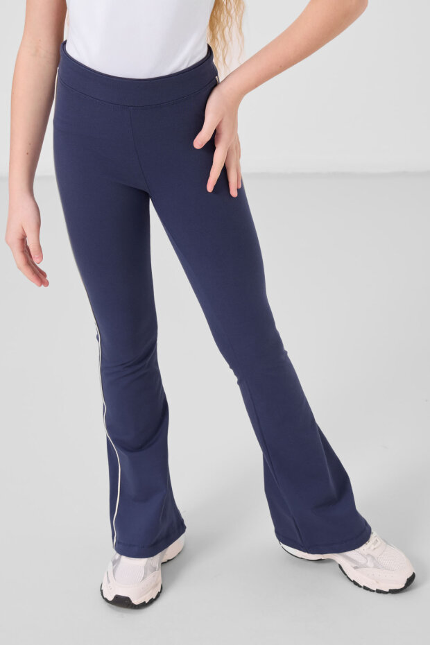 Ekru-İndigo Pamuklu O Yaka Standart Fit Basic İspanyol Paça Kız Çocuk Tayt Takım - 75192 - 2