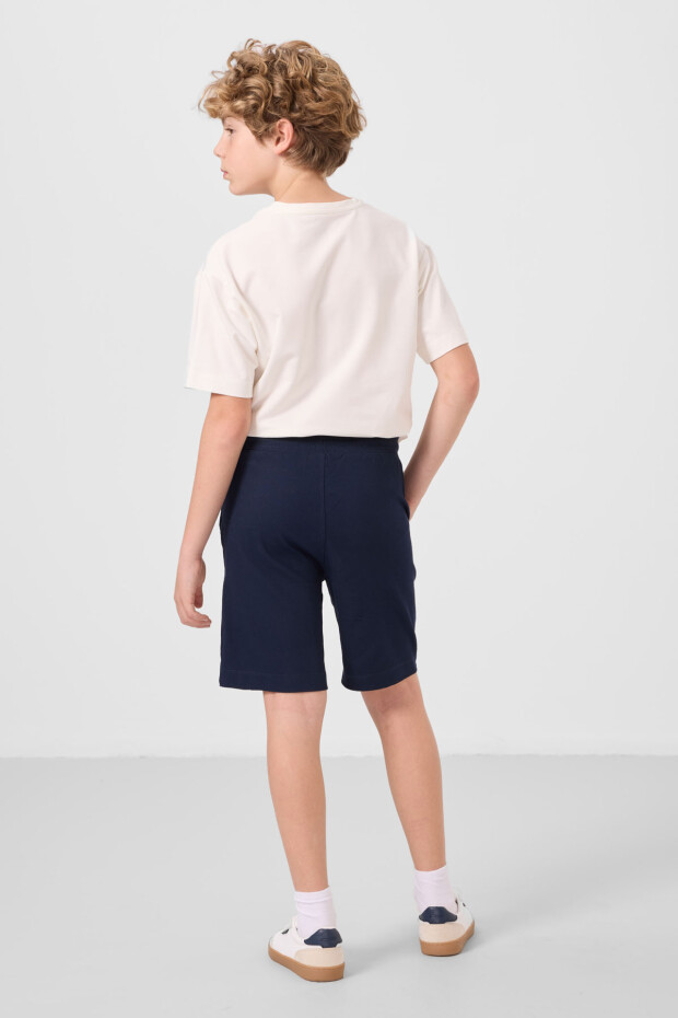 Ekru-Lacivert Pamuklu Oversize Fit Dokuma Hafif Esnek Chino Erkek Çocuk Şort Takım - 11276 - 7