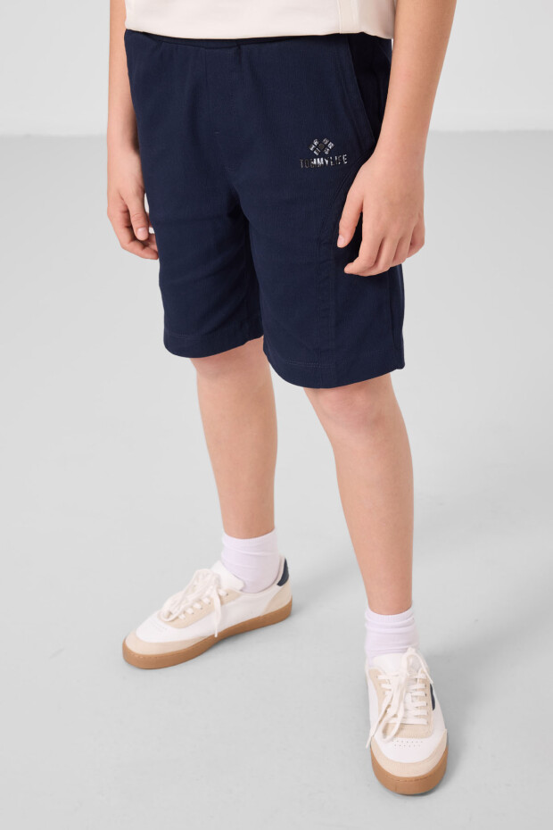 Ekru-Lacivert Pamuklu Oversize Fit Dokuma Hafif Esnek Chino Erkek Çocuk Şort Takım - 11276 - 2