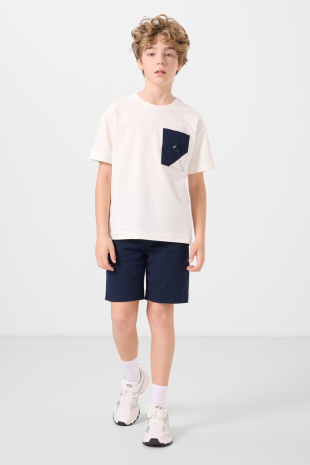 Ekru-Lacivert Pamuklu Oversize Fit Dokuma Hafif Esnek Chino Erkek Çocuk Şort Takım - 11278 - 1