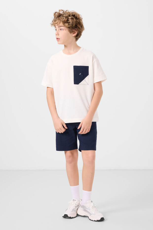 Ekru-Lacivert Pamuklu Oversize Fit Dokuma Hafif Esnek Chino Erkek Çocuk Şort Takım - 11278 - 3