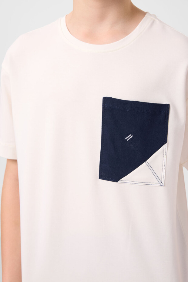 Ekru-Lacivert Pamuklu Oversize Fit Dokuma Hafif Esnek Chino Erkek Çocuk Şort Takım - 11278 - 4
