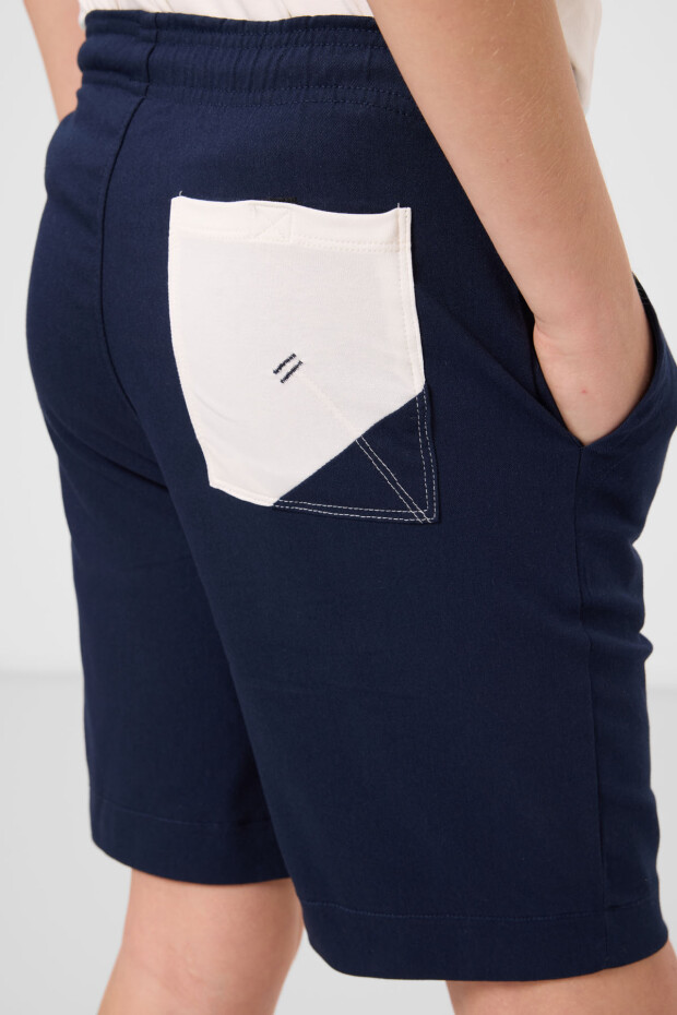 Ekru-Lacivert Pamuklu Oversize Fit Dokuma Hafif Esnek Chino Erkek Çocuk Şort Takım - 11278 - 5