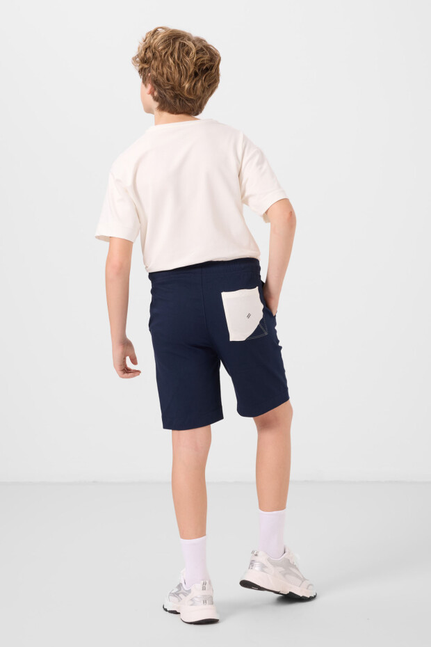 Ekru-Lacivert Pamuklu Oversize Fit Dokuma Hafif Esnek Chino Erkek Çocuk Şort Takım - 11278 - 7