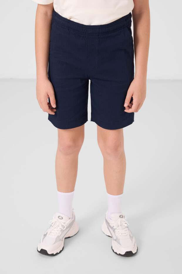 Ekru-Lacivert Pamuklu Oversize Fit Dokuma Hafif Esnek Chino Erkek Çocuk Şort Takım - 11278 - 6