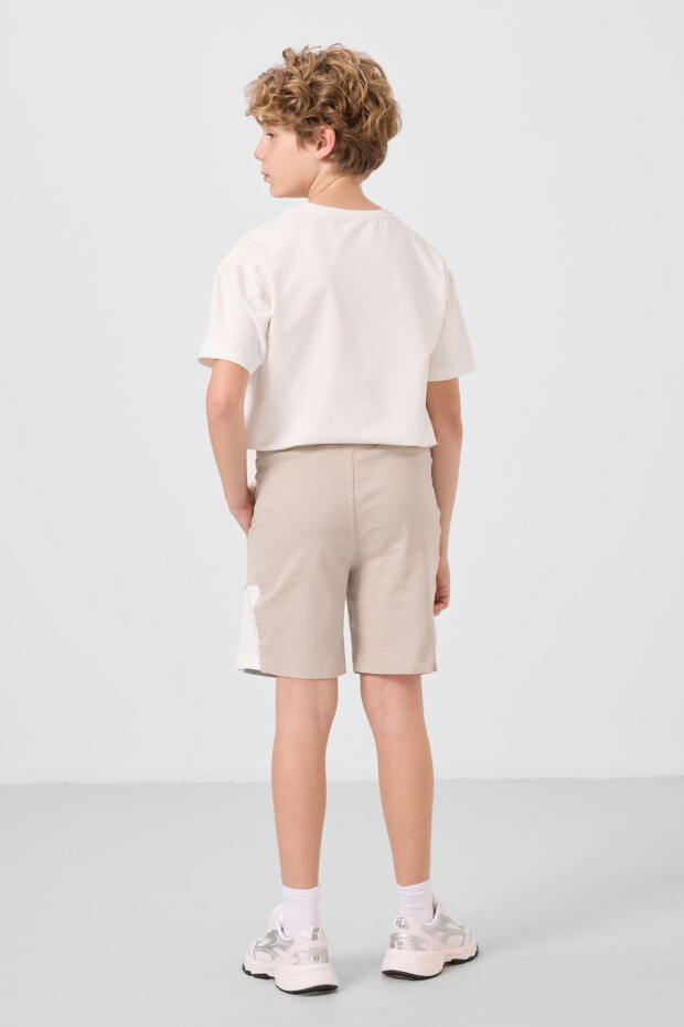 Ekru-Taş Pamuklu Oversize Fit Dokuma Hafif Esnek Chino Erkek Çocuk Şort Takım - 11275 - 7