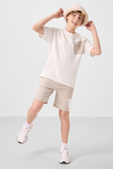 Ekru-Taş Pamuklu Oversize Fit Dokuma Hafif Esnek Chino Erkek Çocuk Şort Takım - 11275 